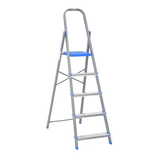 Image of Nilkamal Rise 5 Step Heavy Duty Steel Ladder with Aluminium Steps | for Home Use | Climb Easy Anti-Slip Steps | Secure Safety Clutch Lock | 150 kg Capacity | 1 Year Warranty