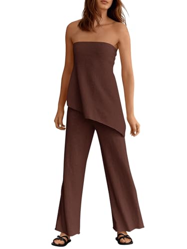 Tankaneo Womens 2 Piece Outfits Asymmetrical Tube Top Wide Leg Pants Knit Vacation Travel 2026 Matching Lounge Sets