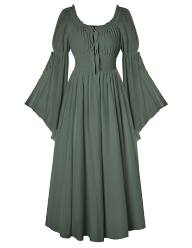 Damen Renaissance Kleid A-Linie Maxi Langer Schlitz Ärmel Gesmokte Taille Mittelalter Kleider Army Grün L