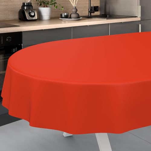 Nappe en Toile cirée, Lavable, pour Table de Jardin, extérieur, intérieur, Ovale, Bord coupé, Rouge, 160 x 140 cm