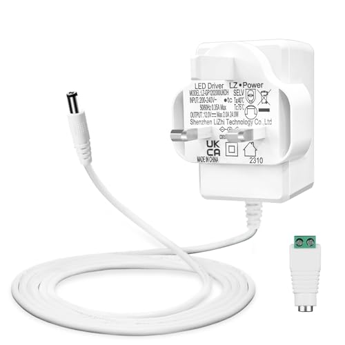 Lacasa 12V 2A Power Supply for LED Strips, Transformer AC 200-240V to DC 12V Driver Converter Adapter 24W with 5ft/1.5m Long Cable, UK Plug, 5.5 x 2.1mm Jack, UKCA Approved, White