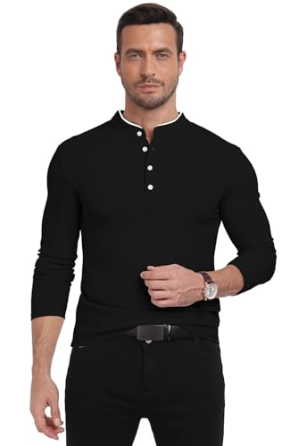 KUYIGO Men's Long Sleeve Slim Fit Mandarin Polo Shirts Waffle Button Fashion Casual Tops T-Shirt3