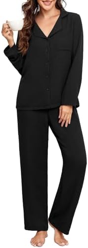 PrinStory Pyjama voor dames, lang, V-hals, set, winternachtkleding, langarm bovenstuk en wijde beenpyjamabroek, Donkerblauw, S