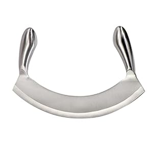 8.7 Inch Stainless Steel Mezzaluna Knife – Salad Chopper Rocker Pizza Cutter Rocker Knife Curved Blade Sharp Blade Double Handle Fruit Vegetable Mincing Knife