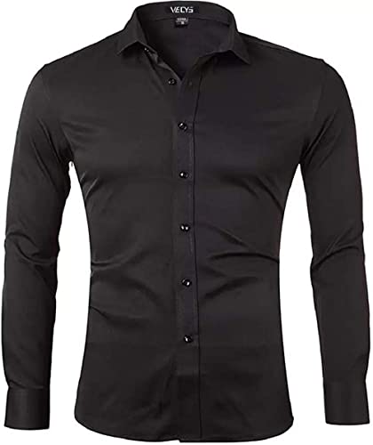 Vecys Camisa Bambú Fibra Hombre Manga Larg Camisas De Vestir para Hombre Slim Fit Color Sólido Camisas Casuales Antiarrugas para Hombres Sin Planchado (Negro, M) Cover