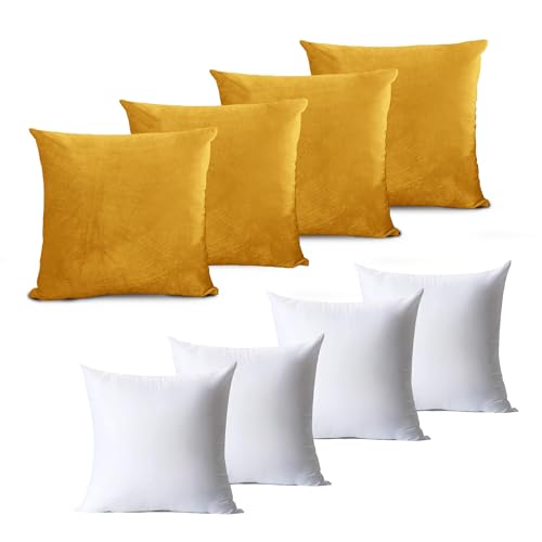 Hafaa Velvet Cushions with Covers Included Set of 8 (4 Ochre Cushion Covers, 4 Cushion Inserts 45cm x 45cm) Luxury Decorative Fluffy Square Throw Pillow Case Sofa Cushion with Invisible Zipper