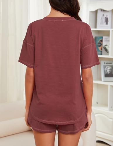 Image of KCW Pajamas for Women Set 2 Piece 100% Cotton Lounge Sets Short Sleeve Top and Shorts Pj Set Sleepwear Outfits