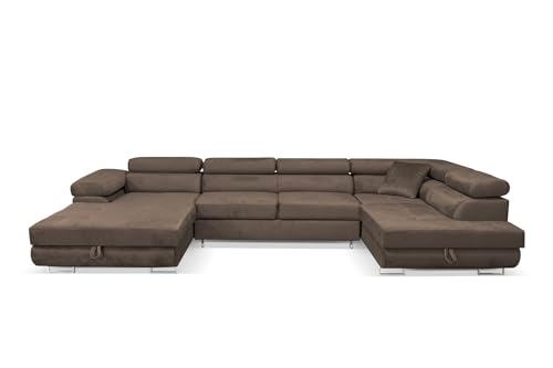 SOFILAND Wohnlandschaft Aller Moon U XXL-Ecksofa mit Schlaffunktion und Zwei Bettkästen. (Braun, Rechts)