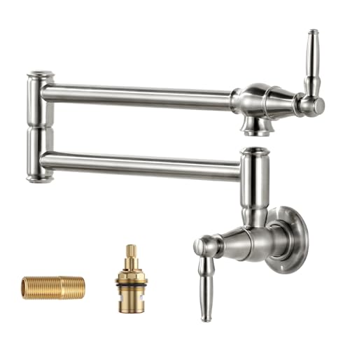 Pot Filler Faucet Brushed Gold: Solid Brass Wall Mount Heavy Duty Stove Pot Filler with Double Joint Swing Arms - Single Hole Commercial Folding Stretchable Faucet 2 Handles for Kitchen Rest