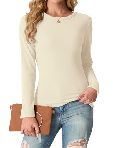 IWOLLENCE Langarmshirt Damen Oberteile Eng Tshirt Longsleeve Gerippt Rundhalsausschnitt Basic Elegant Y2K Top (Beige, L)
