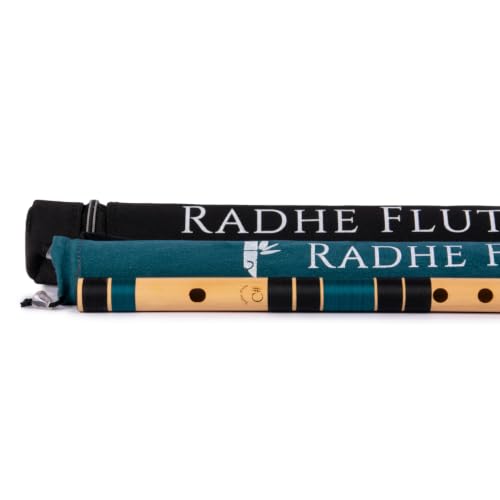 Image of Radhe Flutes Bamboo Bansuri C Sharp Right Handed Middle Octave (18 inch) With Hard Cover (Beige Flute With Black & Dark Green Threads)