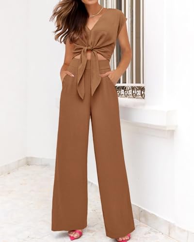 Image of PRETTYGARDEN Women's Summer 2 Piece Outfits 2026 Cap Sleeve V Neck Belted Crop Tops Wide Leg Pant Sets Casual Tracksuit