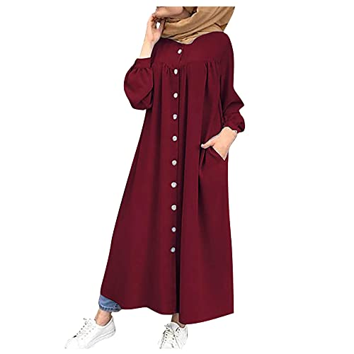 Ni_ka Robe Vintage Grande Taille Ample Chic Jupe Longue BoutonnéE De Couleur Unie Robes Chemise à Manches Longues avec Poche Taille S à 5XL