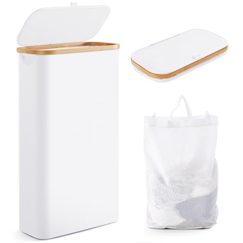 Slim Laundry Hamper with Lid by Fiona's magic, 63L Narrow Laundry Basket with Removable Bag, White Collapsible Dirty Clothes Basket, Thin Tall Storage Basket for Bathroom, Bedroom