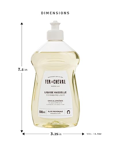 Image of Fer a Cheval Marseille Dishwashing Soap, Allergen Free, Olive Oil Based, Made in France, Liquid Dish Soap, 2 Pack, 500 ml / 16.9 fl oz Each