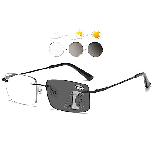 KOOSUFA Gafas de lectura sin bordes, polarizadas, para hombre y mujer, titanio, multifoco, filtro de luz azul, fotocromáticas con protección UV, gafas de lectura 1.0-4.0, Fotocromático+deslizamiento