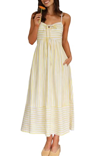 Image of Fashionme Womens Summer Maxi Dresses 2026 Trendy Striped Vacation Boho Beach Spaghetti Strap Sundress Back Tie with Pockets