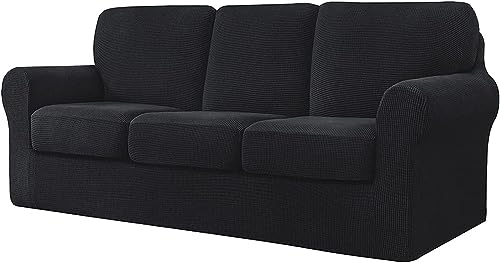 LINFKY 7-Piece Sofa Cover, with Three Separate Backrests and Cushions with Elastic Band, Stretch Jacquard Sofa Slipcover Replacement Anti-Slip Furniture Protector (Black,3 Seater(185-235cm))