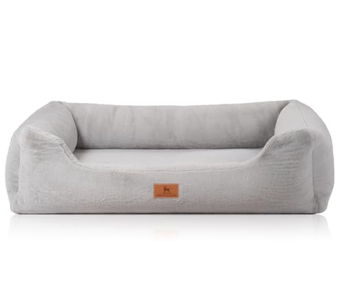Knuffelwuff orthopädisches Hundebett aus kuschelig weichem Kaninchen Fellimitat Schnuffelupagus M-L 85 x 63cm Grau | Abnehmbarer Bezug | waschbar | für große, mittelgroße und kleine Hunde