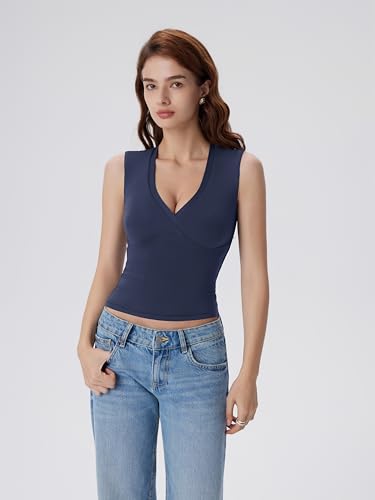 Image of SUUKSESS Women Built in Bra V Neck Tank Tops Double Lined Summer Going Out Camisole Tops