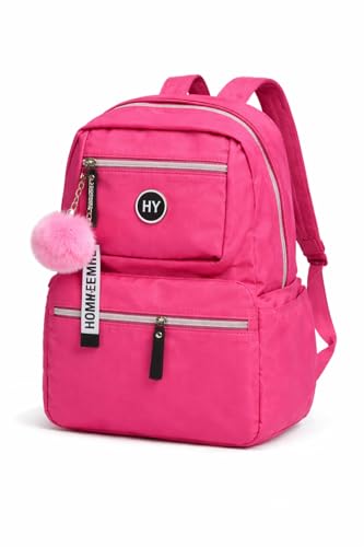 Mochila Juvenil e Adulto 18L em Poliéster Leve e Resistente 3 Bolsos Externos, Tecido liso Macio, Com Chaveiro Decorativo, Para Trabalho, Escola e Viagem Preto, Rosa Pink e Rosa Bebê (Rosa Pink)