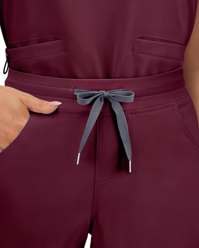 Image of COMENII Scrubs for Women, Knit Yoga Waistband Straight Leg Cargo Pants, Classic Fit Womens Scrubs Pants-T-Burgundy XXL