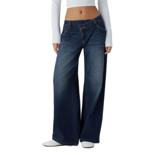 Asymmetrical Low-Rise Loose Jeans, Washed Casual Jeans, Straight Wide Leg Loose Fit Denim Pants, Trendy Stretch