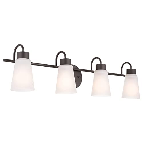 Image of Kichler Erma 4-Light Bathroom Vanity Light Fixture with Satin Etched Glass, Updated Traditional Wall Light in Olde Bronze for Bathroom Mirror (32.5 inch x 8.5 inch x 6 inch), 55127OZ