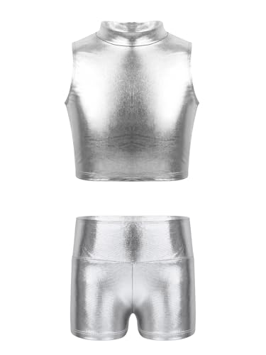 Kids Girls 2pcs Shiny Metallic Gymnastics Dance Tracksuit Sleeveless Mock Neck Crop Top Vest And Boy Shorts Set Silver 16 Years