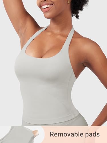 Image of YEOREO SoftHue Women's Impact Halter Tank Top Longline Backless Scoop Neck Built-in Bra Sports Workout Gym Crop Top