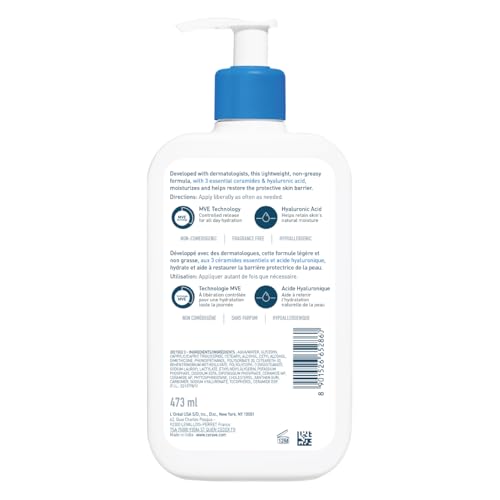 CeraVe Moisturising Lotion 473ml – Family-Size Lightweight Face & Body Lotion with 3 Ceramides & Hyaluronic Acid, 24-Hour Hydration for Normal to Dry Skin, Fragrance-Free Value Bottle