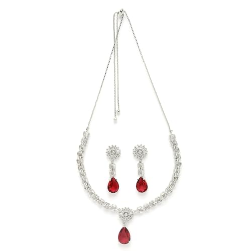Image of ZENEME Rhodium Plated Brass Silver Toned Luxurious Sparkle Pink Necklace & Earring Jewellery Set For Women & Girls