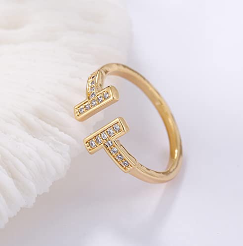 18K Gold Plated T Bracelet Classic T-Shaped Diamond Bangle For Women Tif Bracelet 60Mm And T Opening Gold Plated Diamond Ring Adjustable Fashion Women Jewelry Girls Bracelet For Jewelry Friendship Mother's Day Gift (2Pcs) (Gold) #TOP4