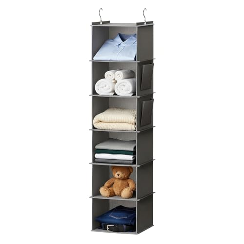 Pomodee Étagère Suspendue Pliable 6 Niveaux, Rangement pour Vêtements et Penderies, Organisateur de Placard avec Séparateurs pour Chaussures, Chapeaux,...