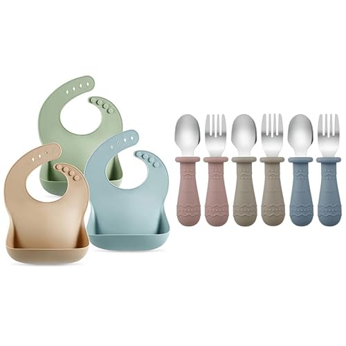 Image of PandaEar Baby Bibs & Toddler Utensils (Blue/Brown/Red)