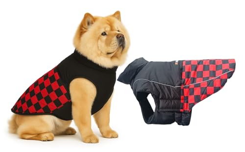 Image of The Pets Company Dog Winter Coat Jacket, Clothes, Windproof, Waterproof, Light Weight, Washable, Ultra Warm Thick Fleece Lined Dog Vest for Cold Weather Protection, (Red Check, Large - 24 Inch)