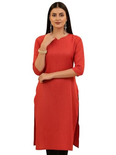 Image of Saanjh Women's Fit Straight Cotton Blend Long Kurta, 3 /4 Sleeve, Knee Length Kurtis, Casual and Office Wear