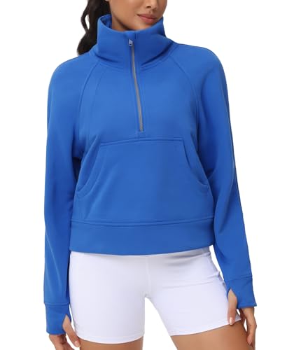 THE GYM PEOPLE Womens' Half Zip Pullover Fleece Stand Collar Crop Sweatshirt with Pockets Thumb Hole Sea Blue