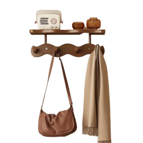 壁掛け 収納 パンチフリー 木製 玄関 ドア 洋服掛け 8 2段 おしゃれ 省スペース 鍵収納 ウォールシェルフ キッチン バスルーム オフィス 整理 棚 茶色Fiozwea (8つのフック,茶色 - 二層)