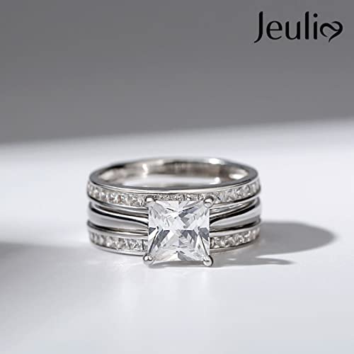 Jeulia 4.37 Carat Engraved Pricess Cut Cubic Zirconia Engagement Ring Diamond Wedding Bands for Women CZ Solitaire Sterling Silver Anniversary Bridal Promise Rings Set3