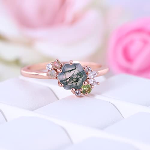 moss agate peridot opal and diamond cluster ring art deco engagement ring rose gold plated gift for wife by kanishka gems jewels2