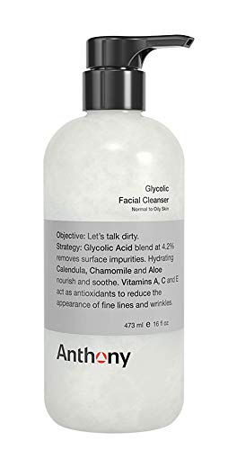 Anthony Glycolic Facial Cleanser for Men, Daily Exfoliating & Hydrating Face Wash, Shave Prep, Non-Foaming, Deep Cleansing, Gentle on Sensitive Skin, Removes Dirt & Oil, Smooths Texture, 16 Fl Oz