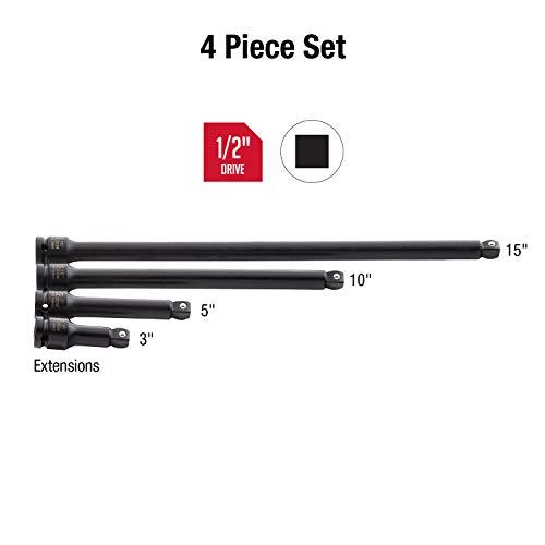 Image of SUNEX TOOLS 2504, 1 /2 Inch Drive Impact Extension Set, 4 Piece, SAE, 3 Inch - 15 Inch, Cr-Mo Steel, Radius Corner Design, Wobble Drive, Steel Ball Retainer, Dual Size Markings, with Storage Tray