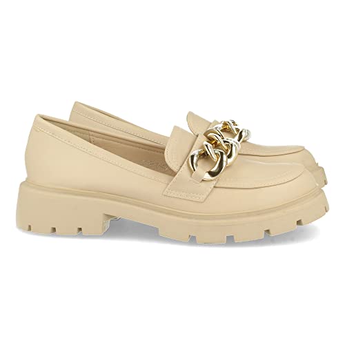 shoes&blues.es 62623-Mocasin Plano para Mujer, Comodos, con Cadena en el Empeine, Primavera Verano 2022. Talla 36 Beige