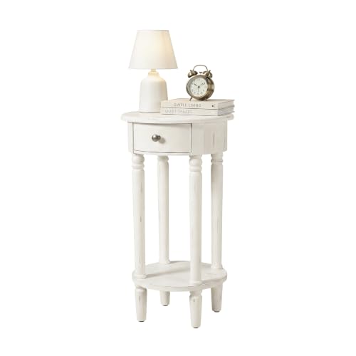 Image of HOMPUS Round End Table with Drawer, Tall end Table with Open Shelf, Farmhouse Rustic Nightstand, Slim Side Table for Small Spaces, Skinny Modern Space-Saving Accent Table for Bedroom, Easily Assembled