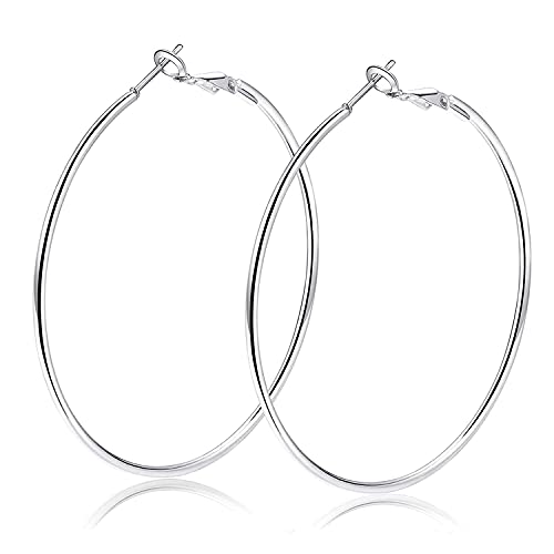 AURSTORE Boucles d'oreilles Créoles Femme en Acier Inoxydable- Grand Cerceau Tendance Bijoux Cadeaux pour Femmes (60mm, Argent)