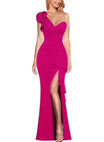 Image of VFSHOW Womens Formal Prom Elegant Ruffle One Shoulder Beaded Strap Ruched Slit Maxi Dress Wedding Evening Long Gown