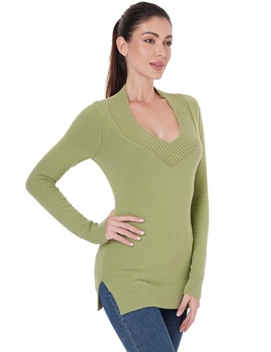 Image of AmelieBoutik Women Deep V Neck Ribbed Trim Knit Long Sleeve Tunic Sweater with Side Split