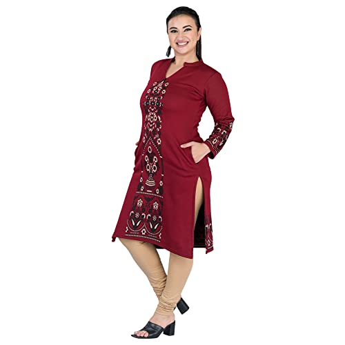 Image of Rosary Women's Winter Wear Jacquard Woolen Straight Kurti with 2 Side Pockets