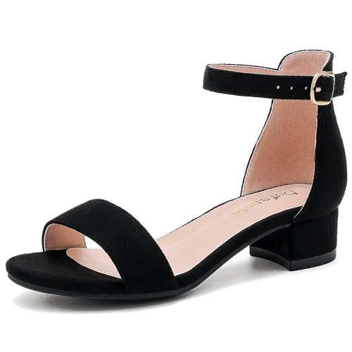 Image of Dufannie Girls Sandals Low Heels Dress Pump Ankle Strap Open Toe Flower Girl Wedding Party for Toddler Little Big Kid